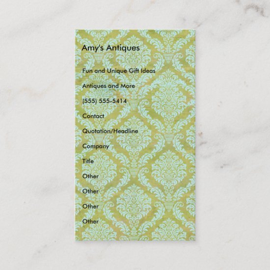 Mary On A Vintage Green and Blue Damask Pattern Business Card