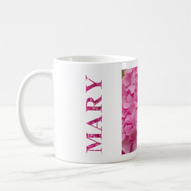 Mary, Personalized Pink Hydrangea Floral Lettering Coffee Mug (Left)