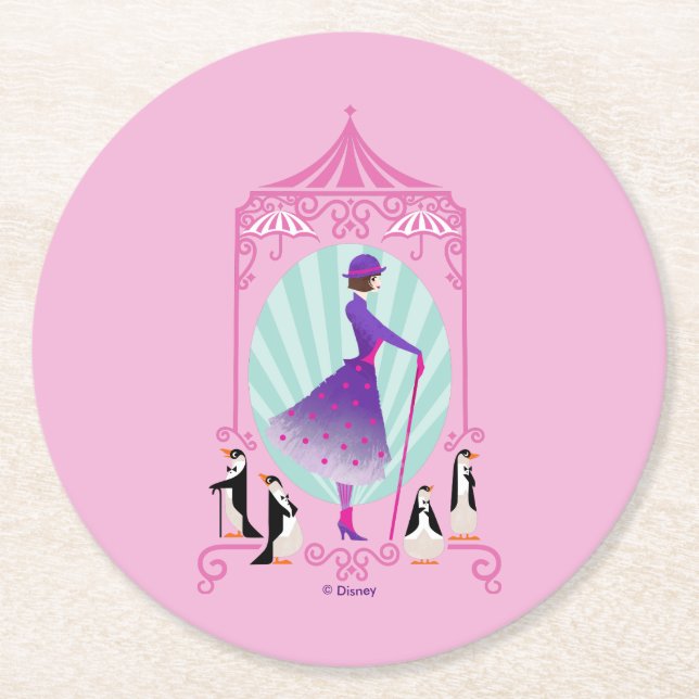 Mary Poppins & Penguins Round Paper Coaster (Front)