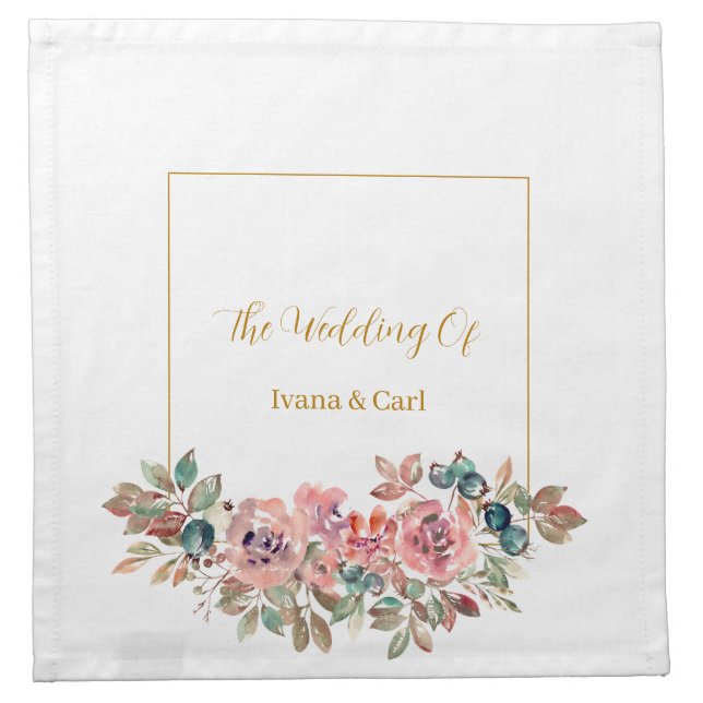 MARY Watercolor Rose Emerald Green Cloth Napkin (Front)
