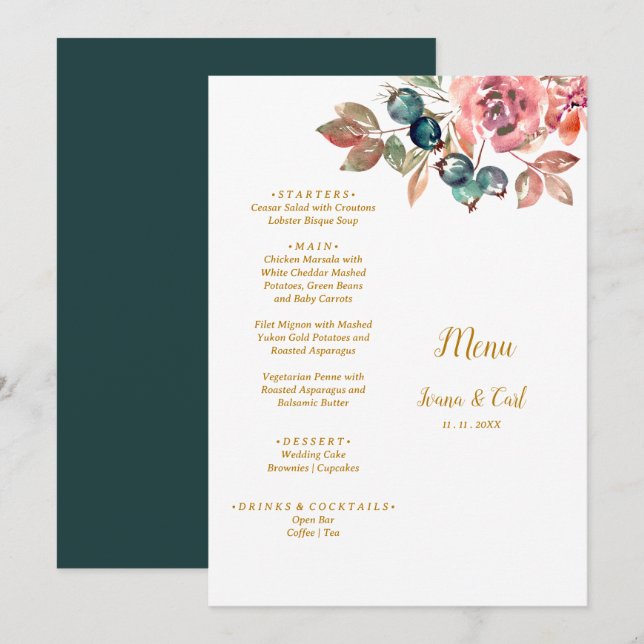 MARY Watercolor Rose Emerald Green Wedding Menu (Front/Back)