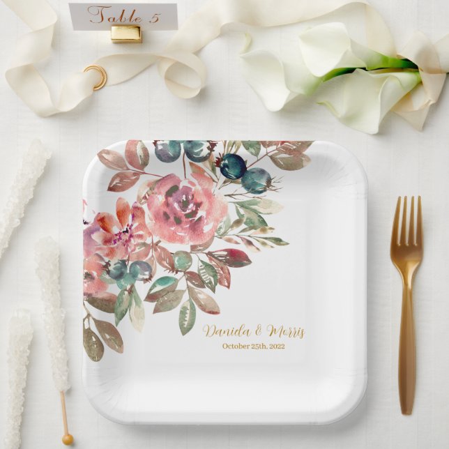 MARY Watercolor Rose Emerald Green Wedding Paper Plates (Wedding)