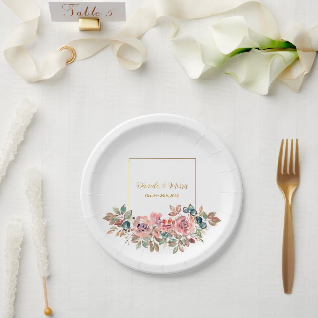 MARY Watercolor Rose Emerald Green Wedding Paper Plates (Wedding)