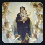 Mary with Angels - Regina Angelorum Square Sticker<br><div class="desc">Painting of Mary holding baby Jesus in the clouds surrounded by child-like angels.  Created by William Adolphe Bourguereau 1909.</div>