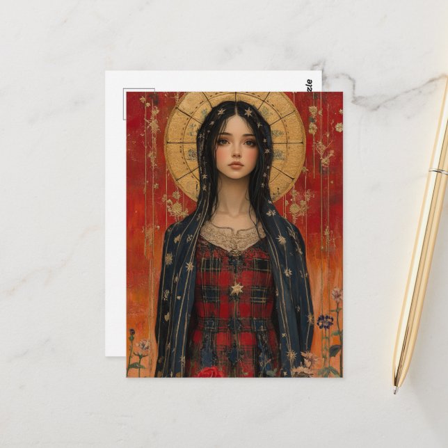Mary With Red and Gold Background Postcard (Front/Back In Situ)