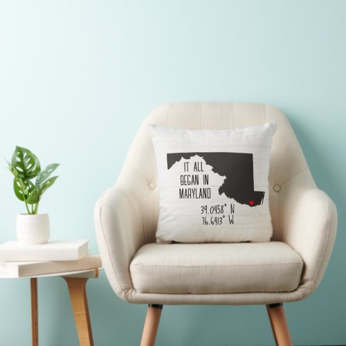 Marylad GPS Coordinates with Heart Throw Pillow