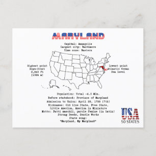 Maryland American state on a map and info Holiday Postcard