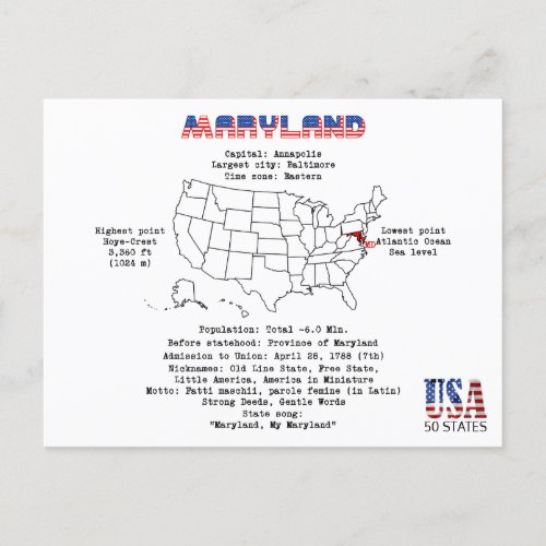 Maryland American state on a map and info Holiday Postcard
