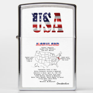 Maryland American state on a map and useful info Zippo Lighter