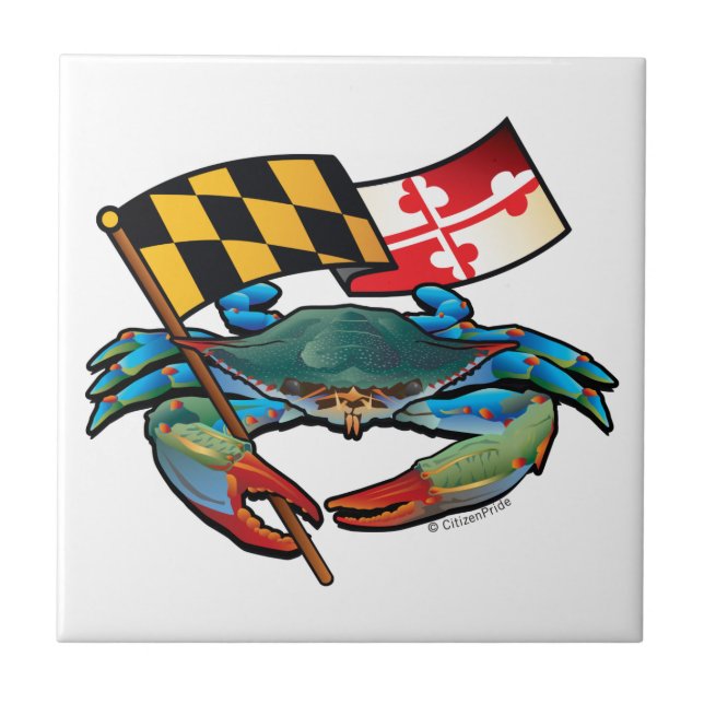 Maryland Blue Crab with Flag Crest Ceramic Tile (Front)