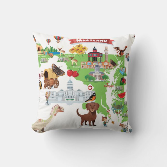 Maryland Cartoon Map Throw Pillow (Front)