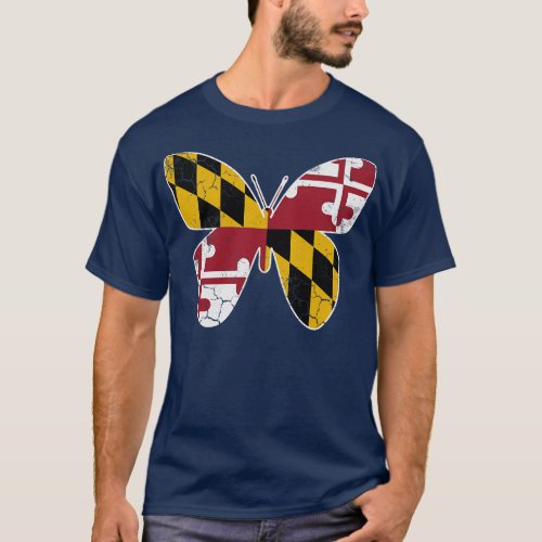 Maryland Flag Butterfly Butterflies Art Vintage Gr T_Shirt