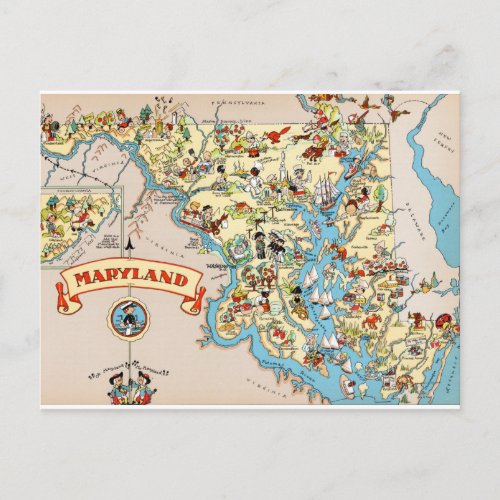 Maryland Funny Vintage Map Postcard