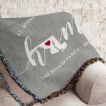 Maryland Home State Personalized Rustic Throw Blanket<br><div class="desc">Show some home state pride with this cute rustic gray throw blanket featuring "home" in white calligraphy script lettering with a silhouette map of the state of Maryland standing in for the letter "O." A red heart illustration inside the state map completes the design; you can change the position of...</div>