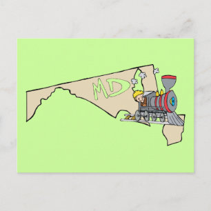 Maryland MD Map & Locomotive Cartoon Art Motto Postcard