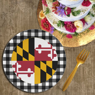 Maryland Plate, buffalo plaid USA & Maryland Flag Paper Plates