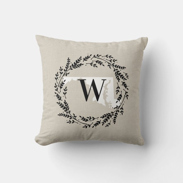 Maryland Rustic Wreath Monogram Throw Pillow (Front)