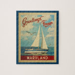 Maryland Sailboat Vintage Travel Jigsaw Puzzle<br><div class="desc">This Greetings From Maryland vintage travel nautical design features a boat sailing on the water with seagulls and a blue sky filled with gorgeous puffy white clouds.</div>