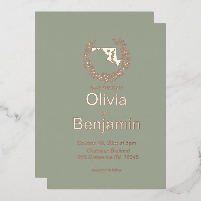 Maryland State Destination Wedding  Foil Invitation (Front/Back)