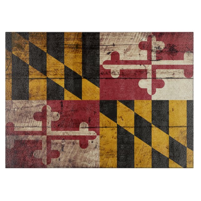 Maryland State Flag on Old Wood Grain Cutting Board (Front)