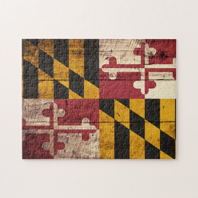 Maryland State Flag on Old Wood Grain Jigsaw Puzzle (Horizontal)