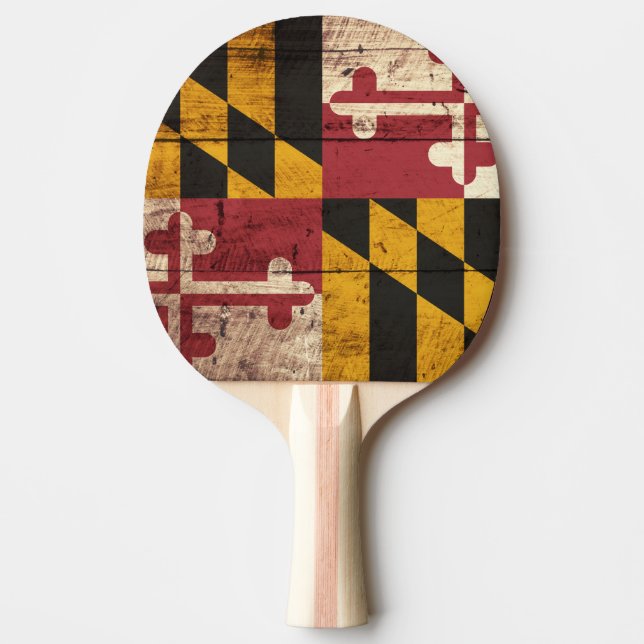 Maryland State Flag on Old Wood Grain Ping-Pong Paddle (Front)