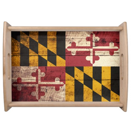 Maryland State Flag on Old Wood Grain Serving Tray