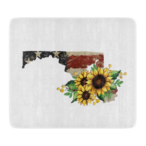 Maryland State Map US Flag Sunflower Glass Cutting Board
