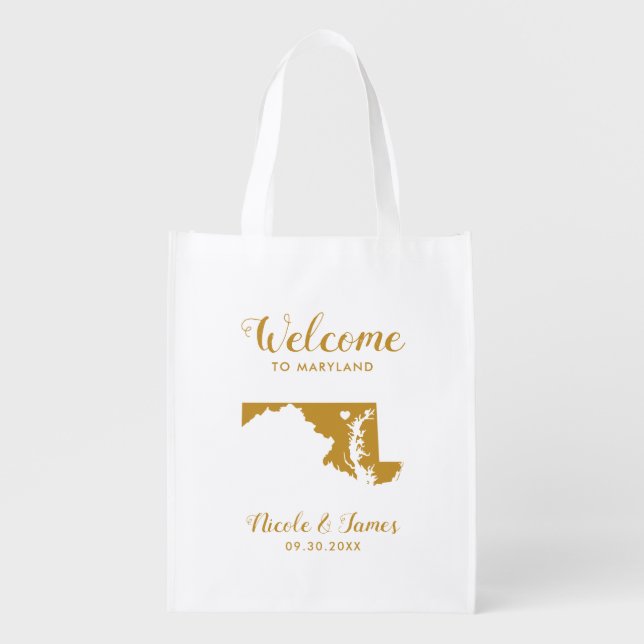 Maryland State Map Wedding Welcome Bag Tote, Gold (Front)