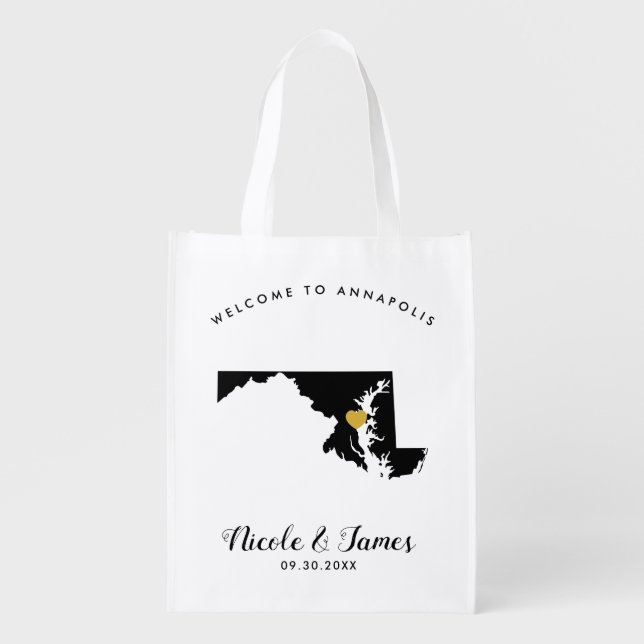 Maryland Wedding Welcome Bag Tote, Black & Gold (Front)