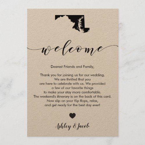 Maryland Wedding Welcome Letter  Itinerary Card