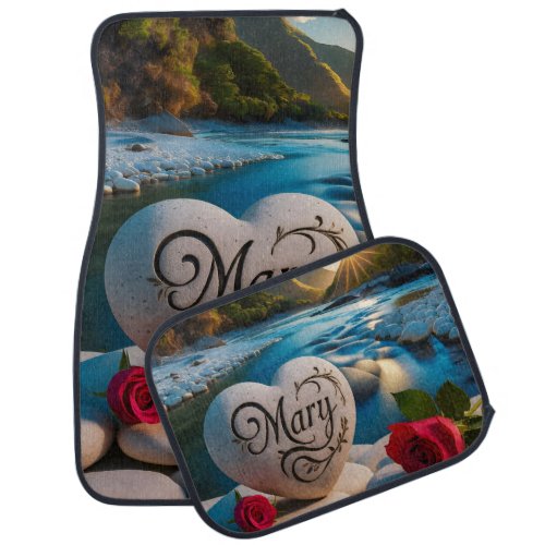 Marys Heart stone by the River Car Floor Mat