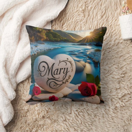 Marys Heart stone by the River Throw Pillow
