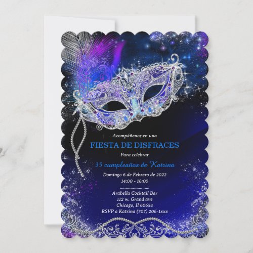 Mascarada de Cumpleaos Personalizada Azul Real Invitation