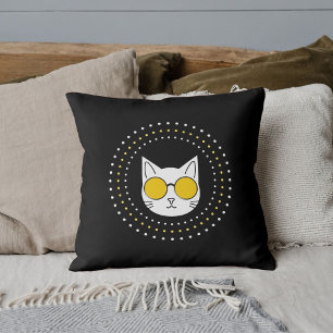 Mascot Cat Sunglasses Yellow White Dots On Black Throw Pillow