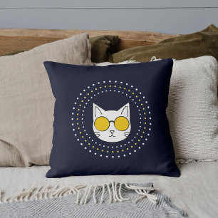 Mascot Cat Sunglasses Yellow White Dots On Blue Throw Pillow
