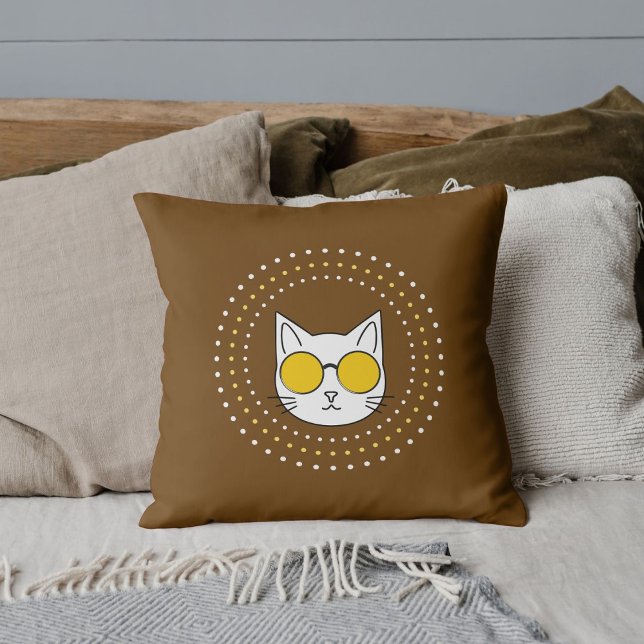 Mascot Cat Sunglasses Yellow White Dots On Brown Throw Pillow (Creator Uploaded)