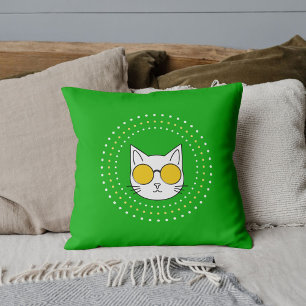 Mascot Cat Sunglasses Yellow White Dots On Lime Throw Pillow