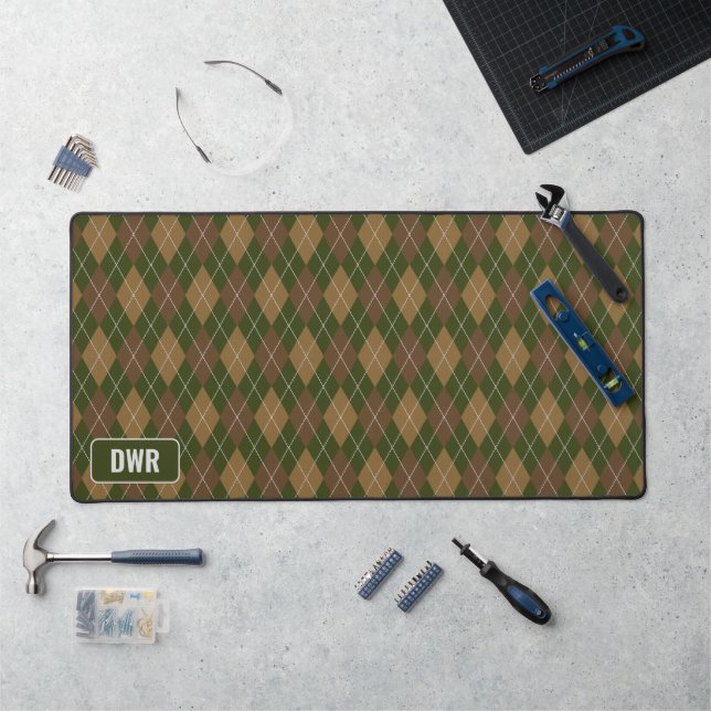 Masculine Argyle - Hunter Green / Brown - Initials Desk Mat (Workstation)