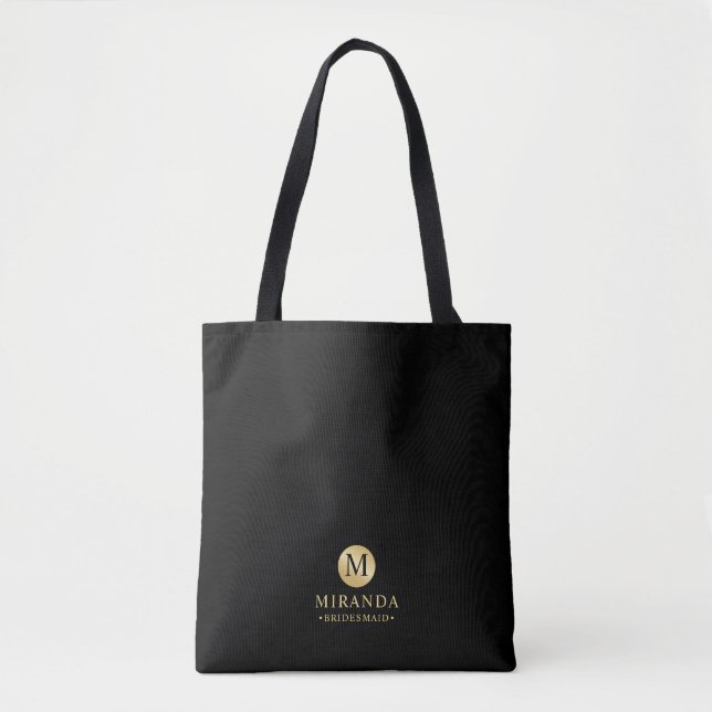 Masculine Black and Gold Personalized Bridesmaid Tote Bag (Front)