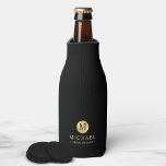 Masculine Black and Gold Personalized Groomsmen Bottle Cooler<br><div class="desc">Add a personal touch to your wedding with personalized groomsmen bottle cooler. This bottle cooler features black monogram in gold circle element with name and title in gold professional font style on black background. Also perfect for best man, father of the bride, ring bearer and more. Please Note : The...</div>
