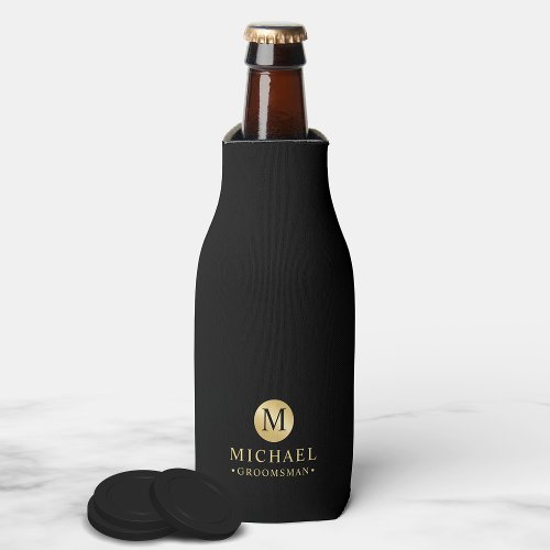 Masculine Black and Gold Personalized Groomsmen Bottle Cooler