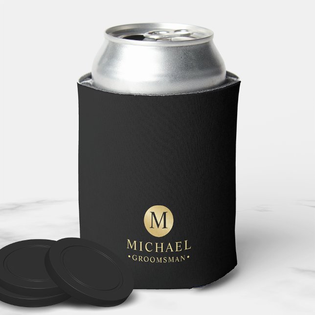 Masculine Black and Gold Personalized Groomsmen Can Cooler (Creator Uploaded)