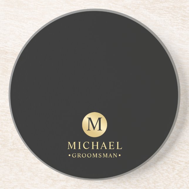 Masculine Black and Gold Personalized Groomsmen Coaster (Front)