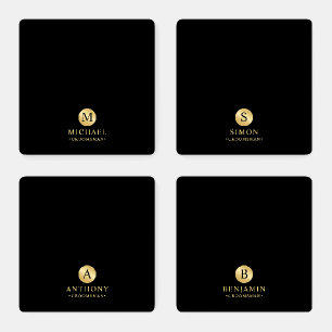 Masculine Black and Gold Personalized Groomsmen Coaster Set