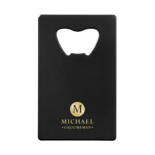 Masculine Black and Gold Personalized Groomsmen Credit Card Bottle Opener