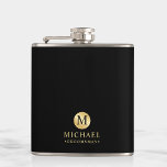 Masculine Black and Gold Personalized Groomsmen Flask<br><div class="desc">Add a personal touch to your wedding with personalized groomsmen flask. This flask features black monogram in gold circle element with name and title in gold professional font style on black background. Also perfect for best man, father of the bride and more. Please Note : The foil details are simulated...</div>