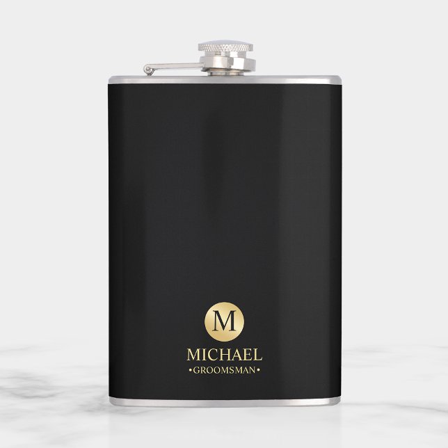 Masculine Black and Gold Personalized Groomsmen Flask (Creator Uploaded)