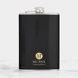 Masculine Black and Gold Personalized Groomsmen Flask<br><div class="desc">Add a personal touch to your wedding with personalized groomsmen flask. This flask features white monogram in gold circle element with name and title in gold professional font style on black background. Also perfect for best man, father of the bride and more. Please Note : The foil details are simulated...</div>