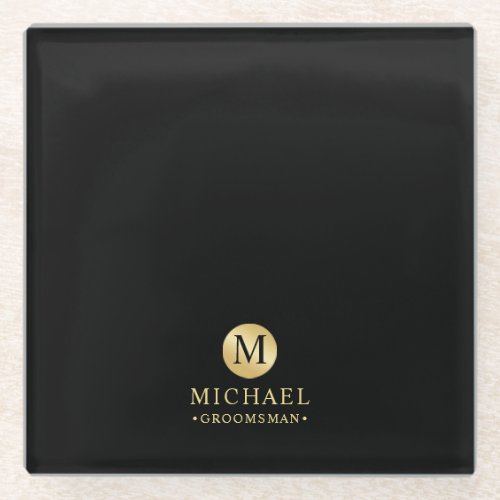 Masculine Black and Gold Personalized Groomsmen Glass Coaster